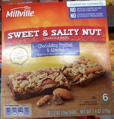Millville granola bars sweet &amp; salty nut Chocolate pretzel &amp; almond, dipped in a chocolate flavored coatong,100% whole grain 7.4oz(1.2oz x 6bars), pack of 1