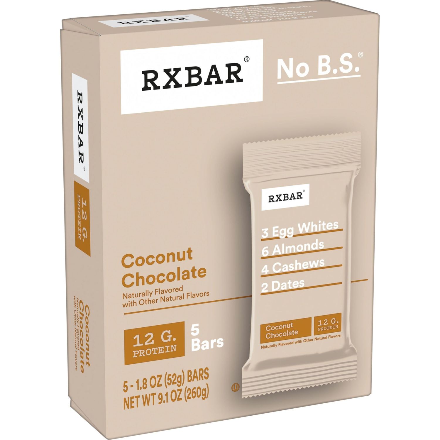 RXBAR Protein Bars, 12g Protein, Gluten-Free, Snacks, Coconut Chocolate, 9.1oz Box (5 Bars)