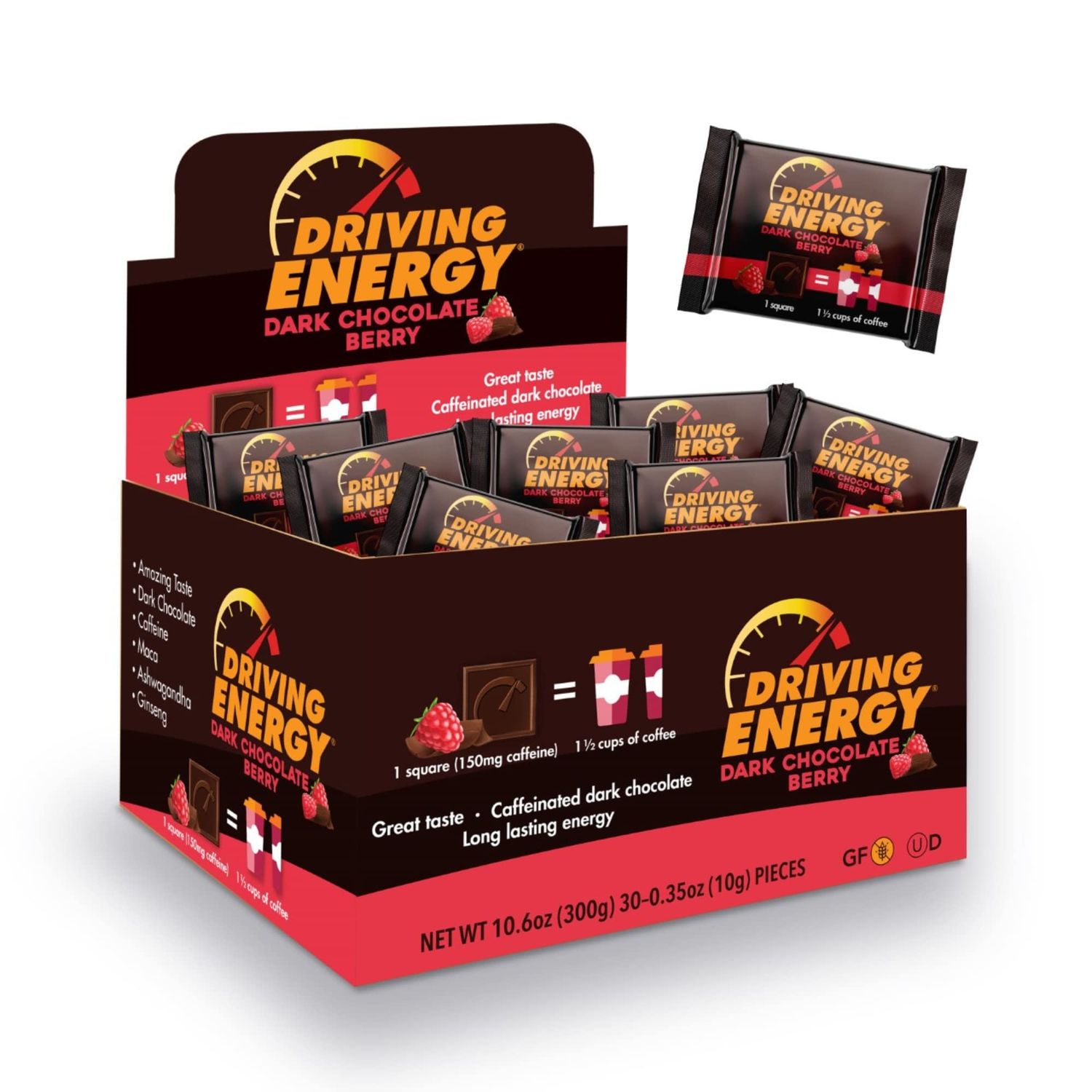 ZenEvo - Driving Energy Berry Dark Chocolate with Caffeine Caffeinated Boost Perfect for Helping Stay Awake While and Working, No Crash 30 Count (One Month Supply),1.0