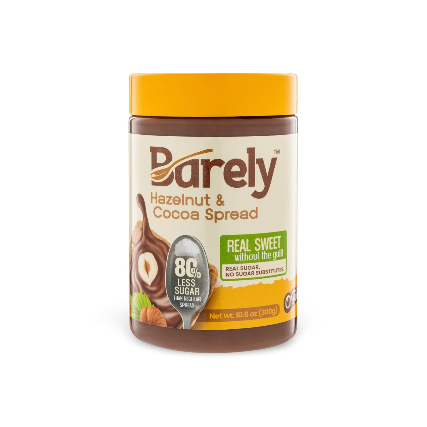 Hazelnut &amp; Cocoa Spread by Barely, Low Sugar &amp; No Artificial Sweeteners, Vegan, Keto Friendly, Delicious Chocolate Spread &amp; Dessert Dip, 3.2 g Cane Sugar per Serving, 1-Pack