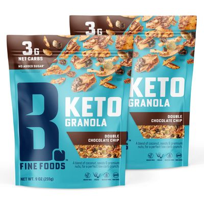 B. Fine Foods - Keto Granola High Protein Snack - Double Chocolate Chip - Breakfast Blend of Coconut, Seeds &amp; Nuts - 3g Net Carbs, Gluten &amp; Grain-Free, Kosher &amp; Contains Nuts (9oz, 2 Pack)