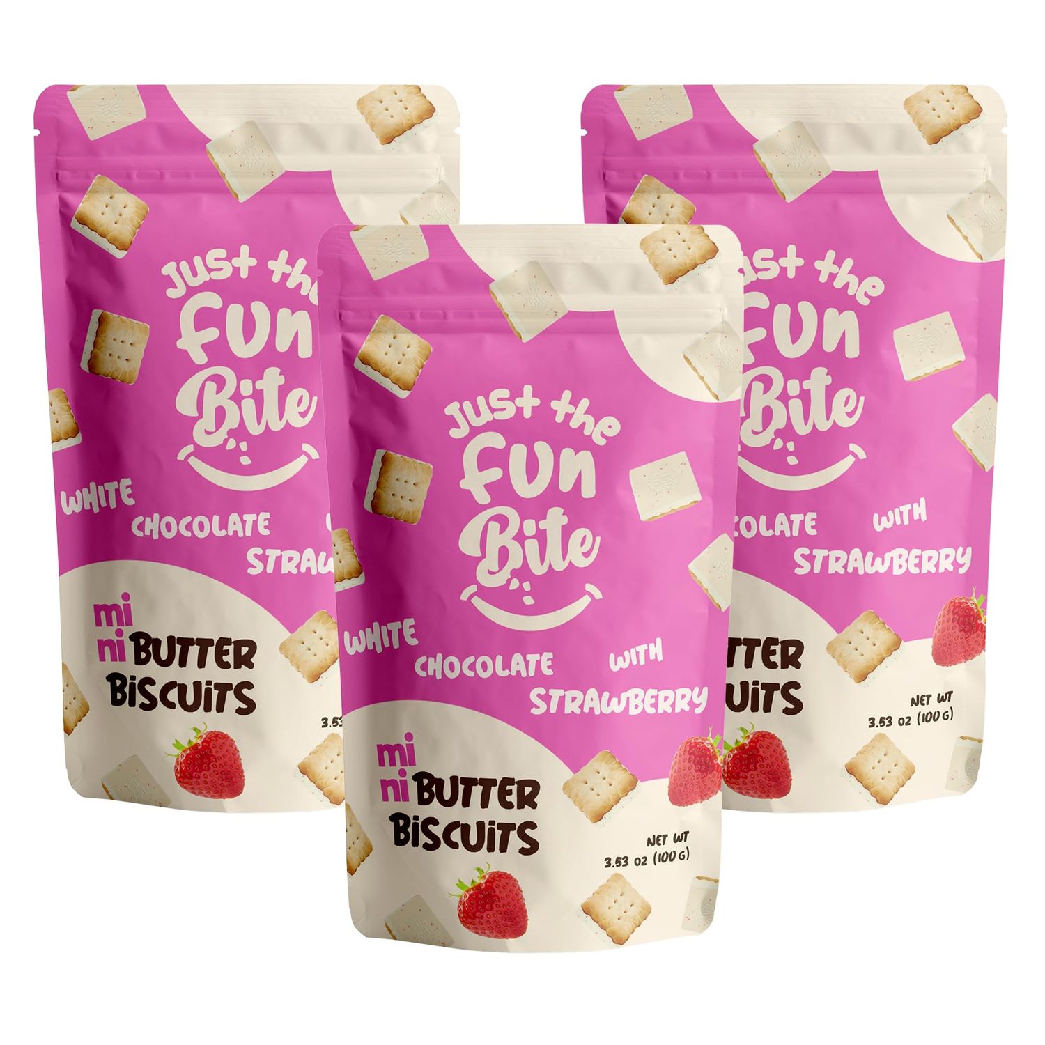 Just The Fun Bite Mini Butter Biscuits Bites | Resealable Bag, 3.53 oz (Pack of 3) (White Chocolate with Strawberry)