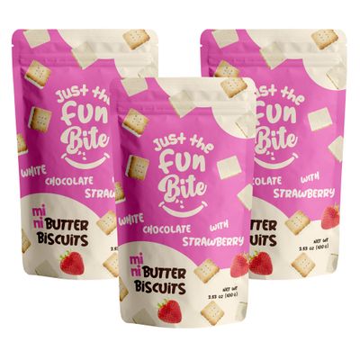 Just The Fun Bite Mini Butter Biscuits Bites | Resealable Bag, 3.53 oz (Pack of 3) (White Chocolate with Strawberry)