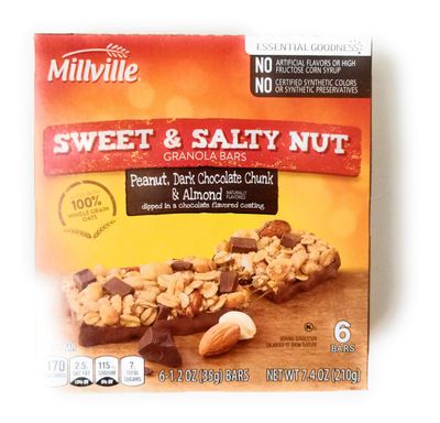 Millville granola bars sweet &amp; salty nut Peanut, almond &amp; Dark chocolate chunk,100% whole grain 7.4oz(1.2oz x 6bars), pack of 1