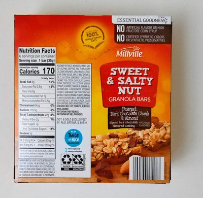 Millville granola bars sweet &amp; salty nut Peanut, almond &amp; Dark chocolate chunk,100% whole grain 7.4oz(1.2oz x 6bars), pack of 1