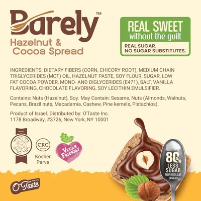 Hazelnut &amp; Cocoa Spread by Barely, Low Sugar &amp; No Artificial Sweeteners, Vegan, Keto Friendly, Delicious Chocolate Spread &amp; Dessert Dip, 3.2 g Cane Sugar per Serving, 1-Pack