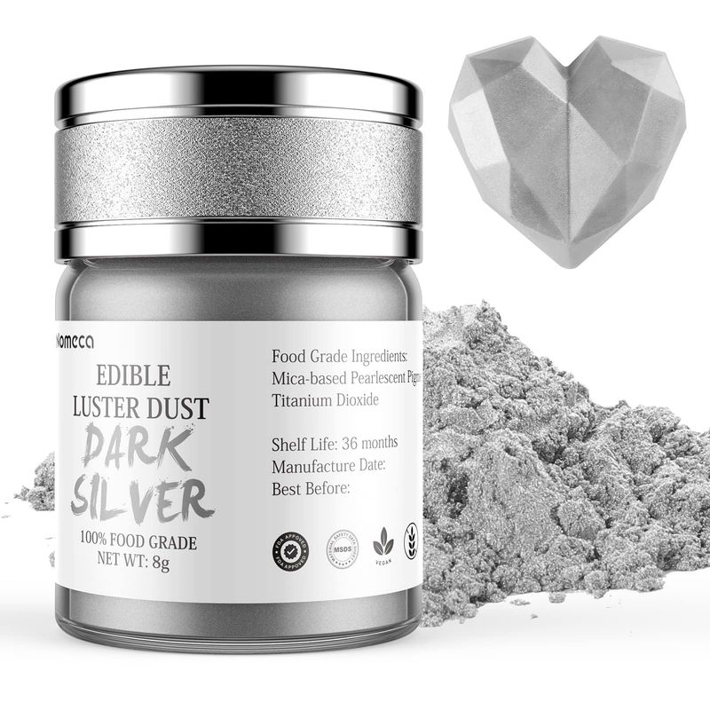 Nomeca Edible Luster Dust, 8 Grams Food Grade Shimmer Gold Cake Dust Metallic Food Coloring Powder for Cake Decorating, Baking, Fondant, Gumpaste, Chocolate, Candy, Drinks, Cookies - Dark Silver