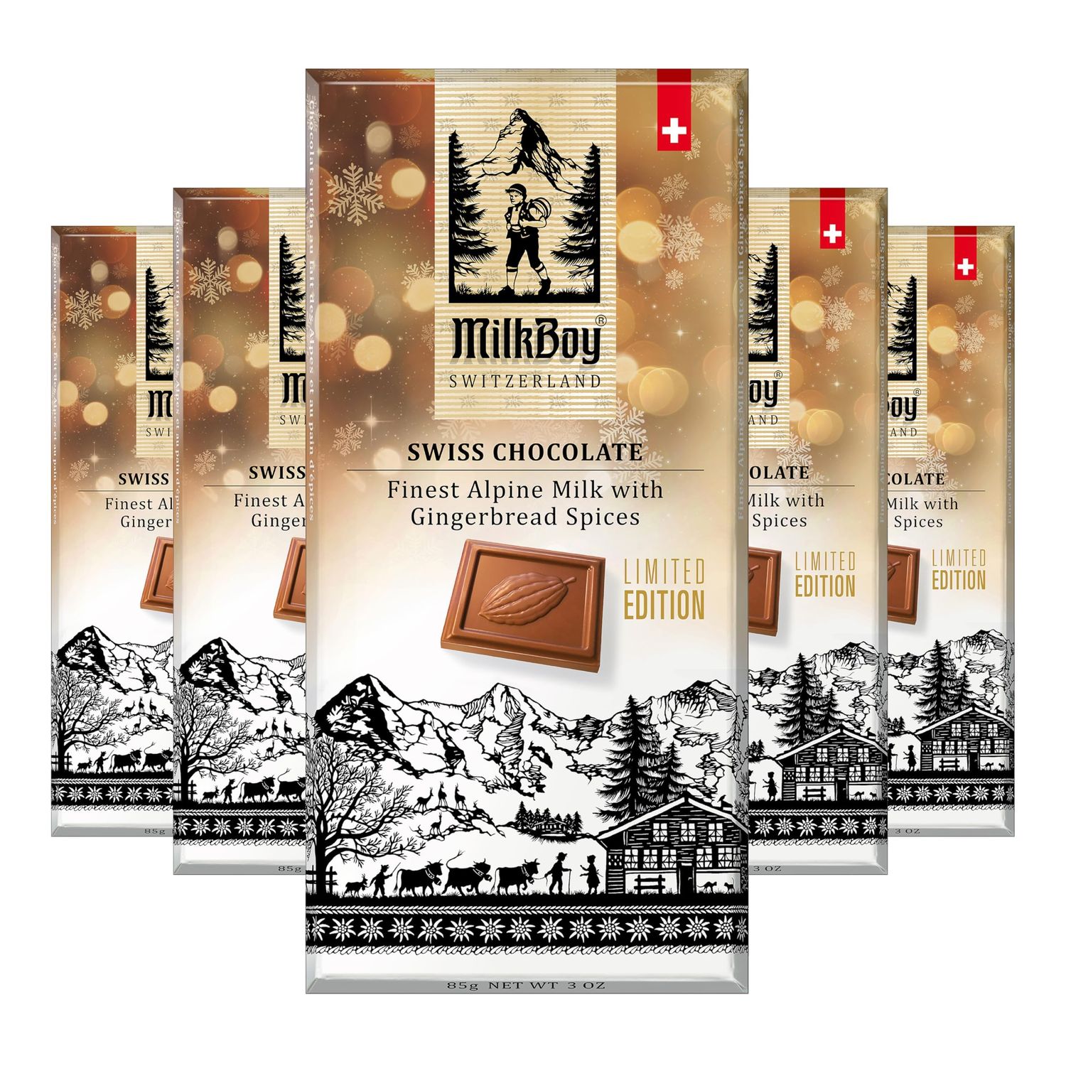 MilkBoy Swiss Chocolates - Alpine Milk Chocolate Bars with Gingerbread Spices - Limited Edition - 3 oz (Pack of 5)
