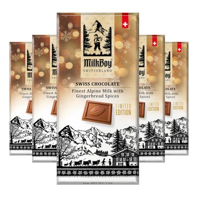 MilkBoy Swiss Chocolates - Alpine Milk Chocolate Bars with Gingerbread Spices - Limited Edition - 3 oz (Pack of 5)