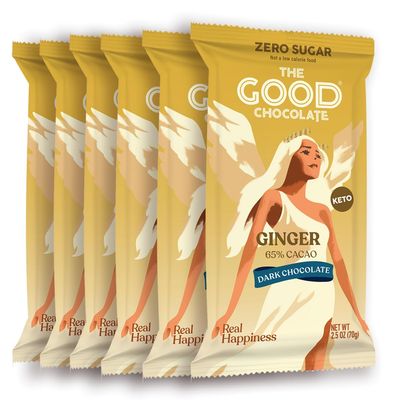 The Good Chocolate - Ginger Chocolate Bars, Zero Sugar, Lower Net Carb Snack, Lower Calorie, Vegan Chocolate Candy, 6 Bar Value Pack