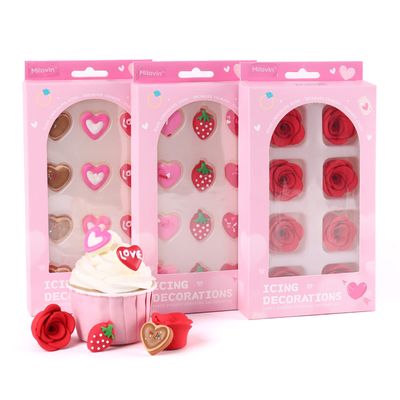 Edible Valentine Icing Decoration, Red Rose Icing Decoration, Royal Icing Heart Sprinkle, Strawberries Sugars Sprinkles for Cupcake Topper, Cake, Ice Cream, Macaron, Cookies and Chocolate.