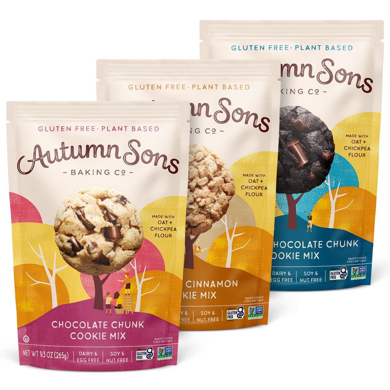 Autumn Sons Baking Co. Gluten Free Cookie Mix Variety Pack. Chocolate Chunk, Double Chocolate Chunk &amp; Oatmeal Cinnamon. Vegan Plant Based Baking Mix. Free From 11 Common Allergens. 9.3 oz (Pack of 3)