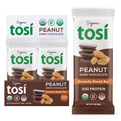 Tosi Dark Chocolate Peanut Protein Bars, Plant Based with Nuts, Gluten-Free Crunchy Snacks, Vegan, Organic, Flax &amp; Chia Seeds, Soy-Free, Omega 3s, 20G Protein, 2.4 oz, 12-Pack