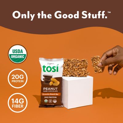 Tosi Dark Chocolate Peanut Protein Bars, Plant Based with Nuts, Gluten-Free Crunchy Snacks, Vegan, Organic, Flax &amp; Chia Seeds, Soy-Free, Omega 3s, 20G Protein, 2.4 oz, 12-Pack