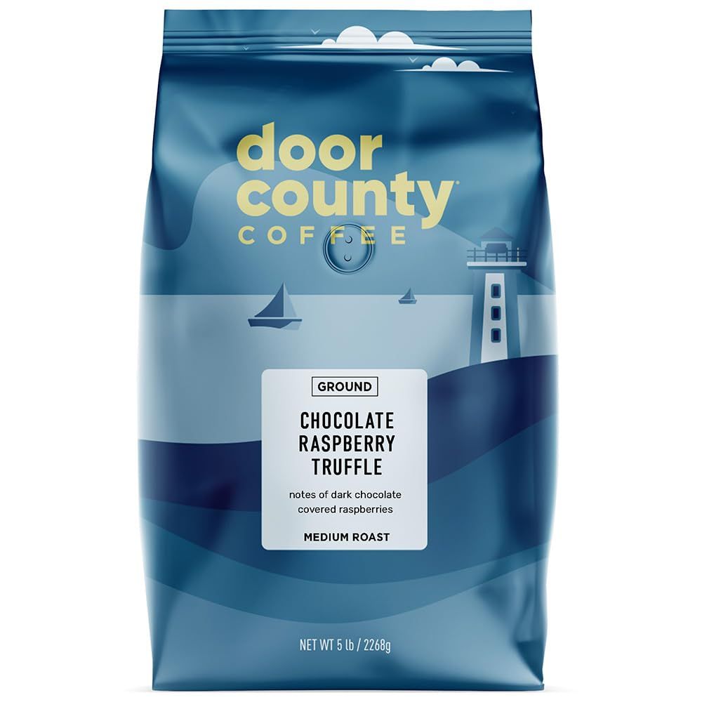 Door County Coffee Chocolate Raspberry Truffle Flavored Coffee Ground | 5lb Bag | Medium Roast | 100% Specialty Arabica Coffee | Gourmet Coffee | Dark Chocolate Covered Raspberry Flavored Coffee