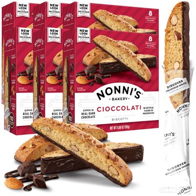 Nonni&#39;s Cioccolati Almond Biscotti Italian Cookies - 6 Boxes Biscotti Individually Wrapped Cookies - Italian Biscotti Cookies w/California Almonds &amp; Dark Chocolate - Kosher Coffee Cookies - 6.88 oz