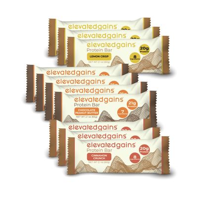 Elevated Gains Variety Pack Protein Bars, 10 Pack - Chocolate Peanut Butter, Cinnamon Crunch, Lemon Crisp - 20g of Protein &amp; Natural Ingredients, Sweetened with Honey, Healthy Snack