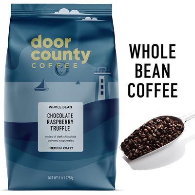 Door County Coffee Chocolate Raspberry Truffle Flavored Coffee Whole Bean | 5lb Bag | Medium Roast | 100% Specialty Arabica Coffee | Gourmet Coffee | Dark Chocolate Covered Raspberry Flavored Coffee