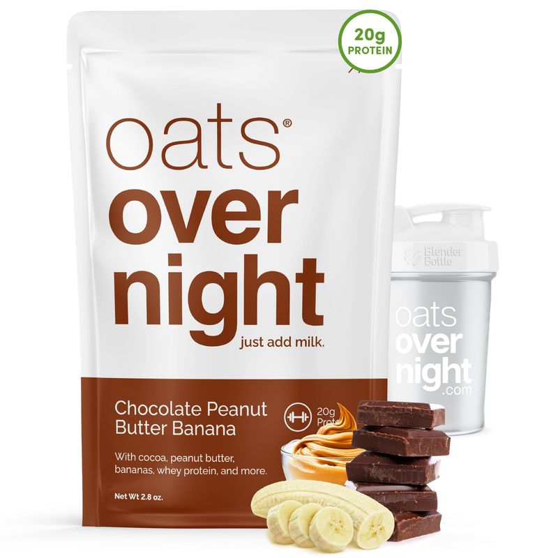 Oats Overnight Chocolate Peanut Butter Banana - Overnight Oats with 20g Protein, High Fiber Protein Shake - Gluten Free Oatmeal, Non GMO High Protein Oatmeal (2.8 oz per meal) (8 Pack + BlenderBottle)