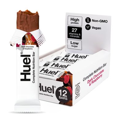 Huel Complete Nutrition Vegan Protein Bars | Dark Chocolate Raspberry | 13g Protein, 27 Vitamins and Minerals, 2g Sugar, Non-GMO, 100% Plant Based Snack | 12 Pack