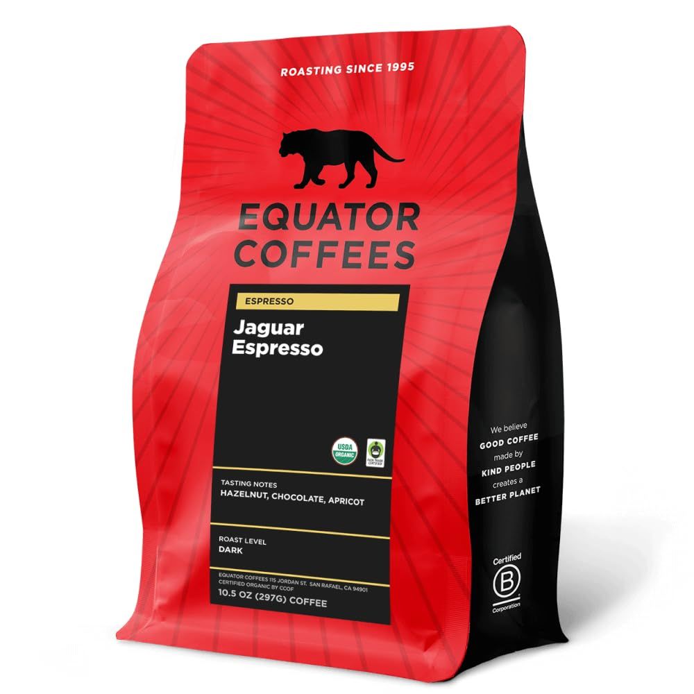 Equator Coffees, Jaguar Espresso, Organic Fine Ground Coffee, Dark Roast, Fresh Roasted, Hazelnut, Chocolate &amp; Apricot Flavor Notes, Sustainable and Fair Trade Certified, for Moka Pots, 10.5 oz Bag