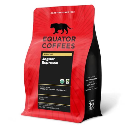 Equator Coffees, Jaguar Espresso, Organic Fine Ground Coffee, Dark Roast, Fresh Roasted, Hazelnut, Chocolate &amp; Apricot Flavor Notes, Sustainable and Fair Trade Certified, for Moka Pots, 10.5 oz Bag