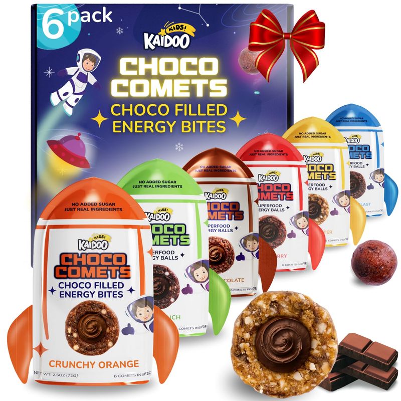 Kaidoo Kids Choco Comets -Chocolate Energy Balls, Perfect Stocking Stuffers, Natural High Protein High Fiber, Dye Free Preservative Free, No Added Sugar, 7+ Activities, Healthy Snack Bites for School