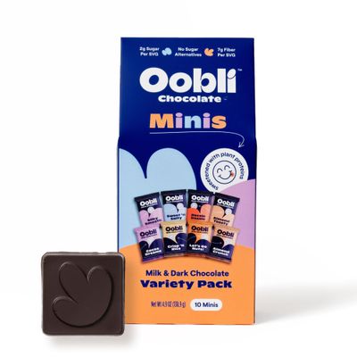 Oobli Milk &amp; Dark Chocolate Variety Pack Minis, Low Sugar, Low Carb, Keto, No Sugar Alcohols, Gluten-free (10-pack)