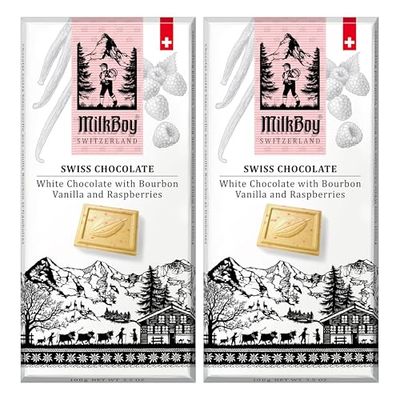 MilkBoy Swiss Chocolates - Premium White Chocolate Bars with Bourbon Vanilla and Raspberries - Candy Bars, Gluten Free, Non-GMO, Kosher, 3.5 oz, 2 Pack