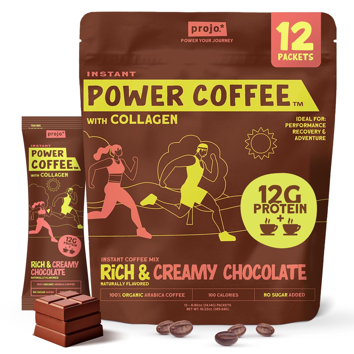 Projo* Power Coffee - Instant Coffee Packed with 12g of Hydrolyzed Marine Collagen,175mg of Caffeine per serving - For Men &amp; Women, Creamy Chocolate