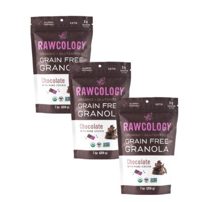 Rawcology Organic, Keto, Grain Free Raw Crunch Granola - Chocolate with Raw Cacao, 3 x 200 Gram Pack