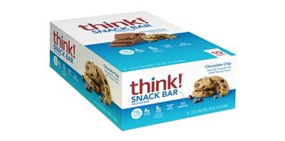 think! Protein Bars with Chicory Root for Fiber, Digestive Support, Gluten Free with Whey Protein Isolate, Chocolate Chip, Snack Bars without Artificial Sweeteners, 1.4 Oz (10 Count)