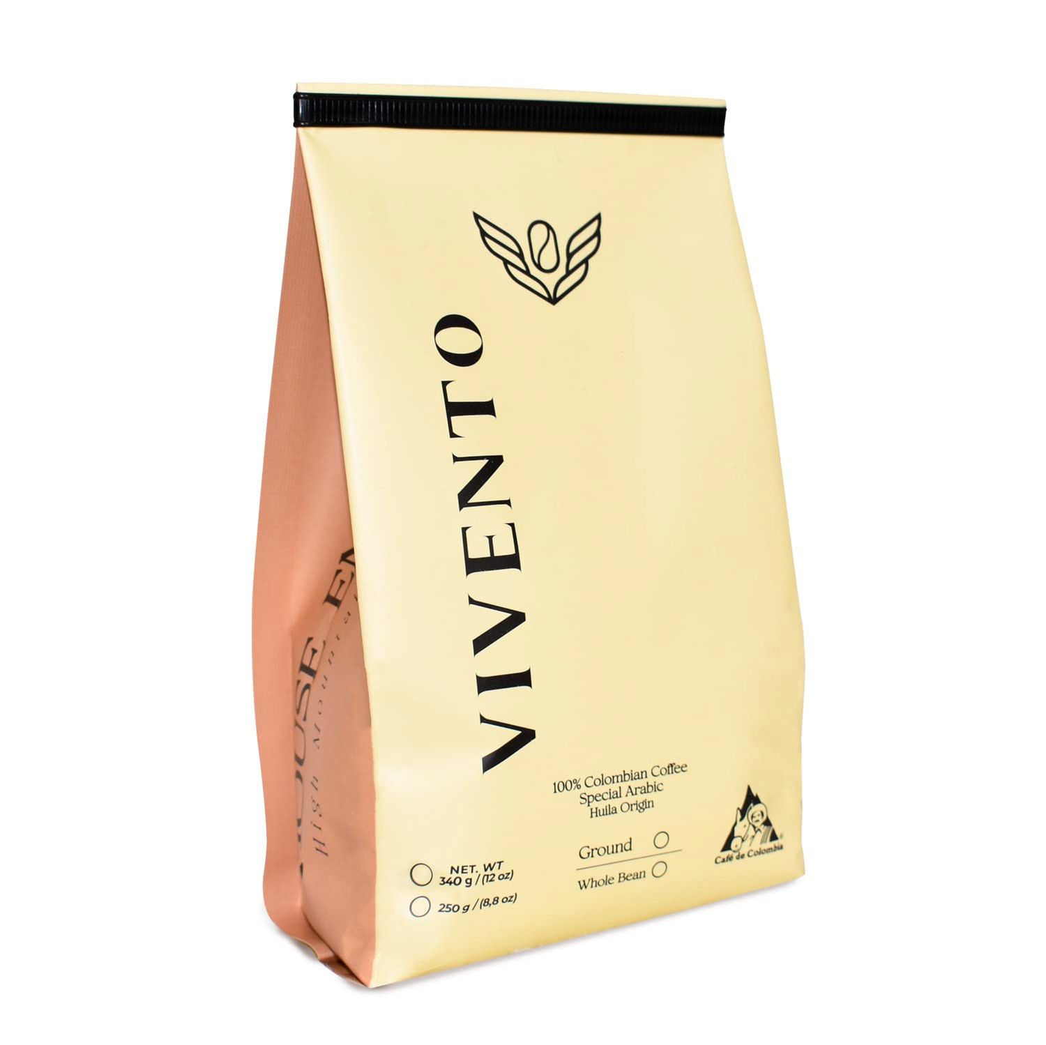 Vivento Specialty Colombian Coffee, 100% Arabica Beans, Huila Origin, Caramel, Chocolate and Fruity Notes, Medium Roast, 12 Oz (Ground)