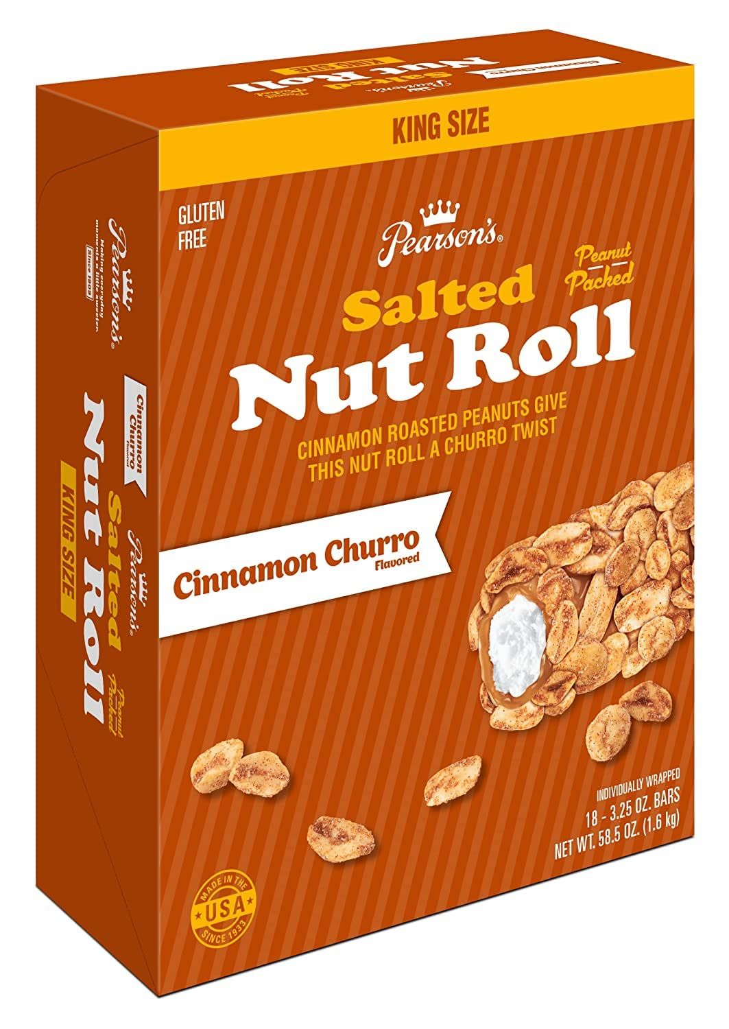Pearson&#39;s Cinnamon Churro Salted Nut Roll | Loaded With Crunchy Roasted Peanuts, Golden Caramel, and Chewy Nougat | Pack of 18-3.25 oz. King-Sized Candy Bars