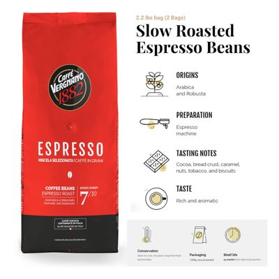 Caffe Vergnano 1882 Espresso Whole Bean Arabica Roast Coffee, 2.2 lb bag - Italian Medium Roast Coffee Beans with notes of Chocolate, Nuts &amp; Caramel, Intensity 7/10-1000g Bag (2 Pack)