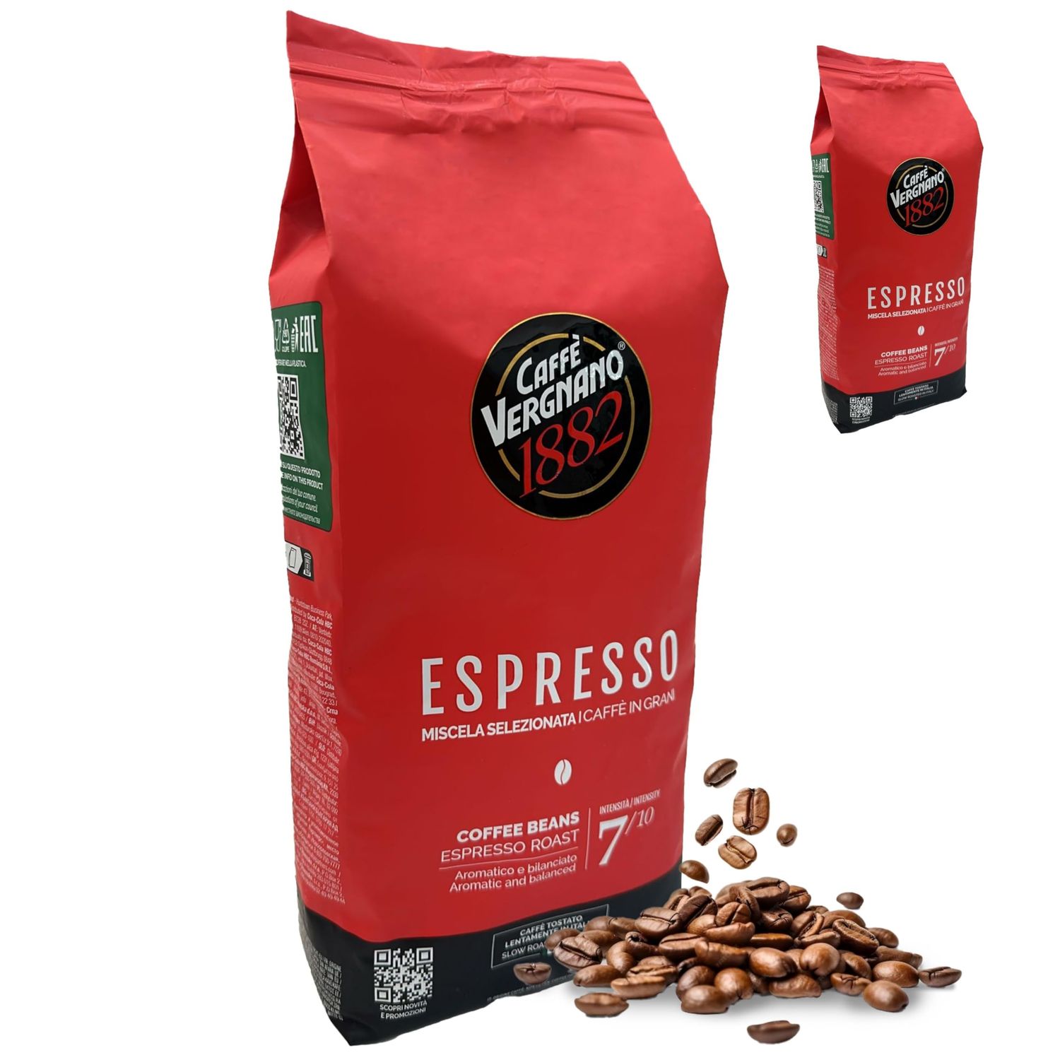 Caffe Vergnano 1882 Espresso Whole Bean Arabica Roast Coffee, 2.2 lb bag - Italian Medium Roast Coffee Beans with notes of Chocolate, Nuts &amp; Caramel, Intensity 7/10-1000g Bag (2 Pack)