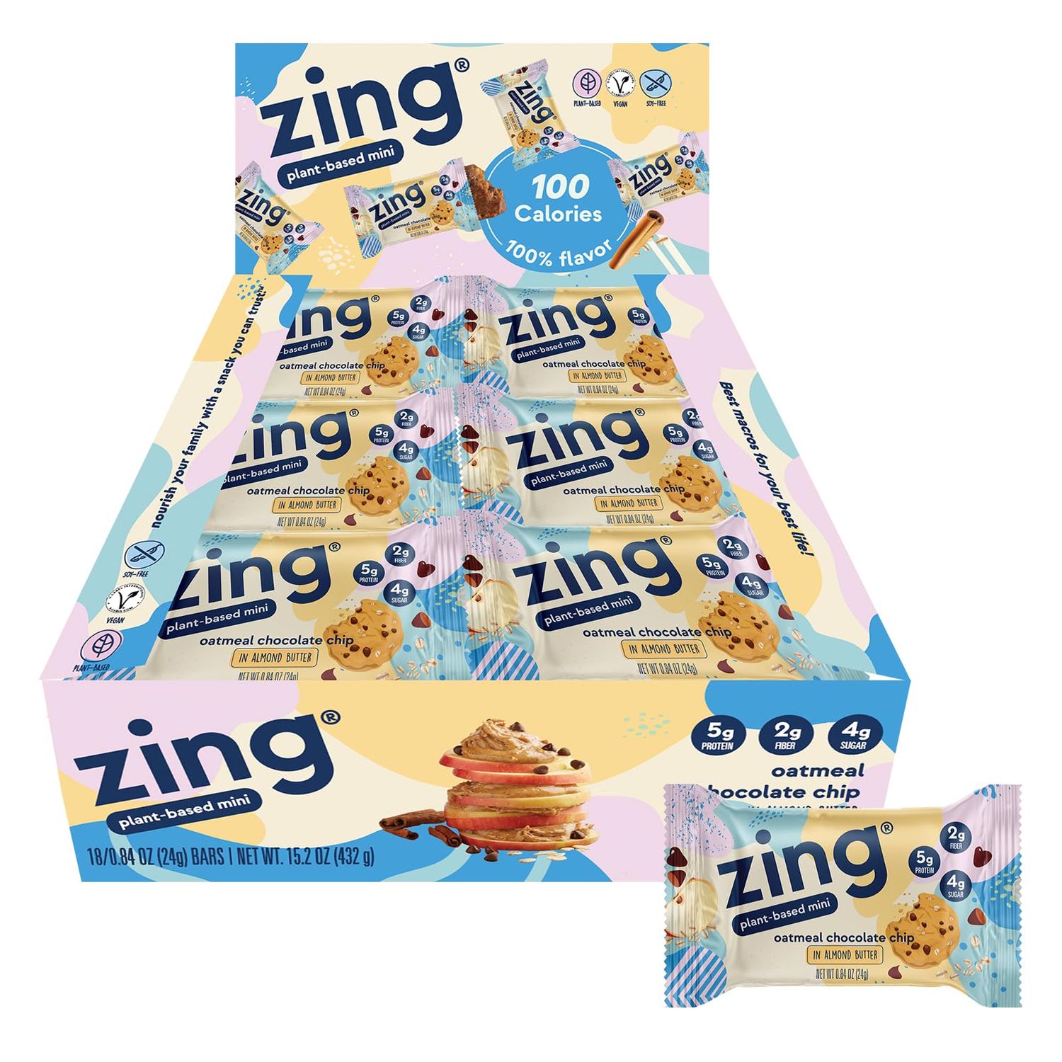Zing Oatmeal Chocolate Chip Kids Protein Bars, Gluten Free 100 Calorie Mini Bars with High Protein, Vegan Nutrition Bars, Dairy Free Plant Based Protein, Low Sugar, No Sugar Alcohols - 18 count