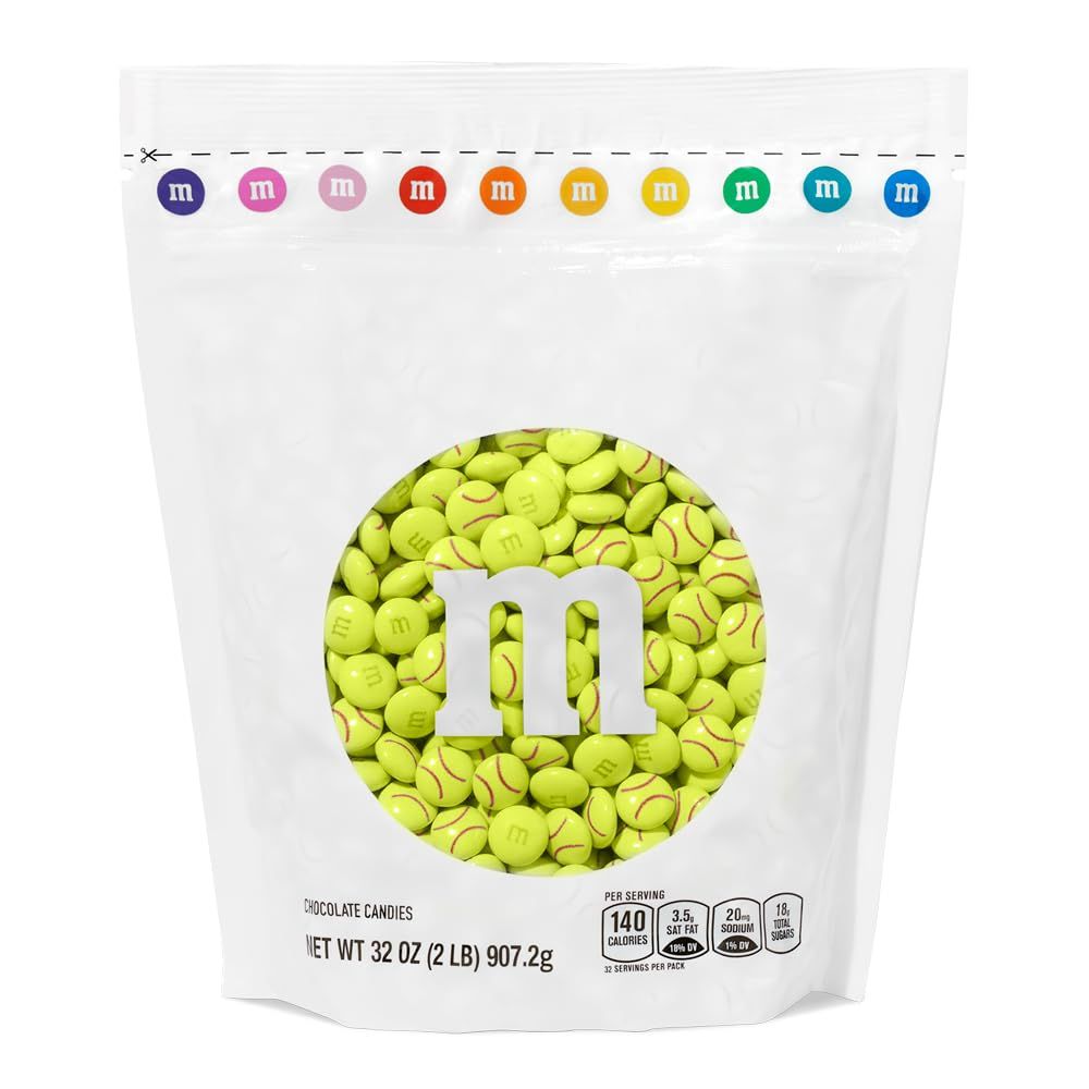 M&amp;MS Softball Milk Chocolate Candy, 2 lbs Bulk Electric Green Printed with Red Stitching for Softball Parties and Game Days