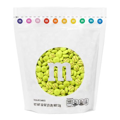 M&amp;MS Softball Milk Chocolate Candy, 2 lbs Bulk Electric Green Printed with Red Stitching for Softball Parties and Game Days