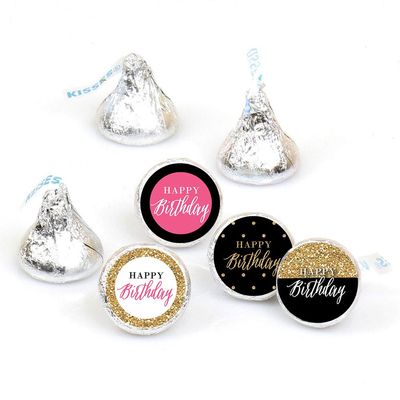 Big Dot of Happiness Chic Happy Birthday - Pink, Black and Gold Round Candy Sticker Favors Labels Fit Chocolate (1 Sheet 108)