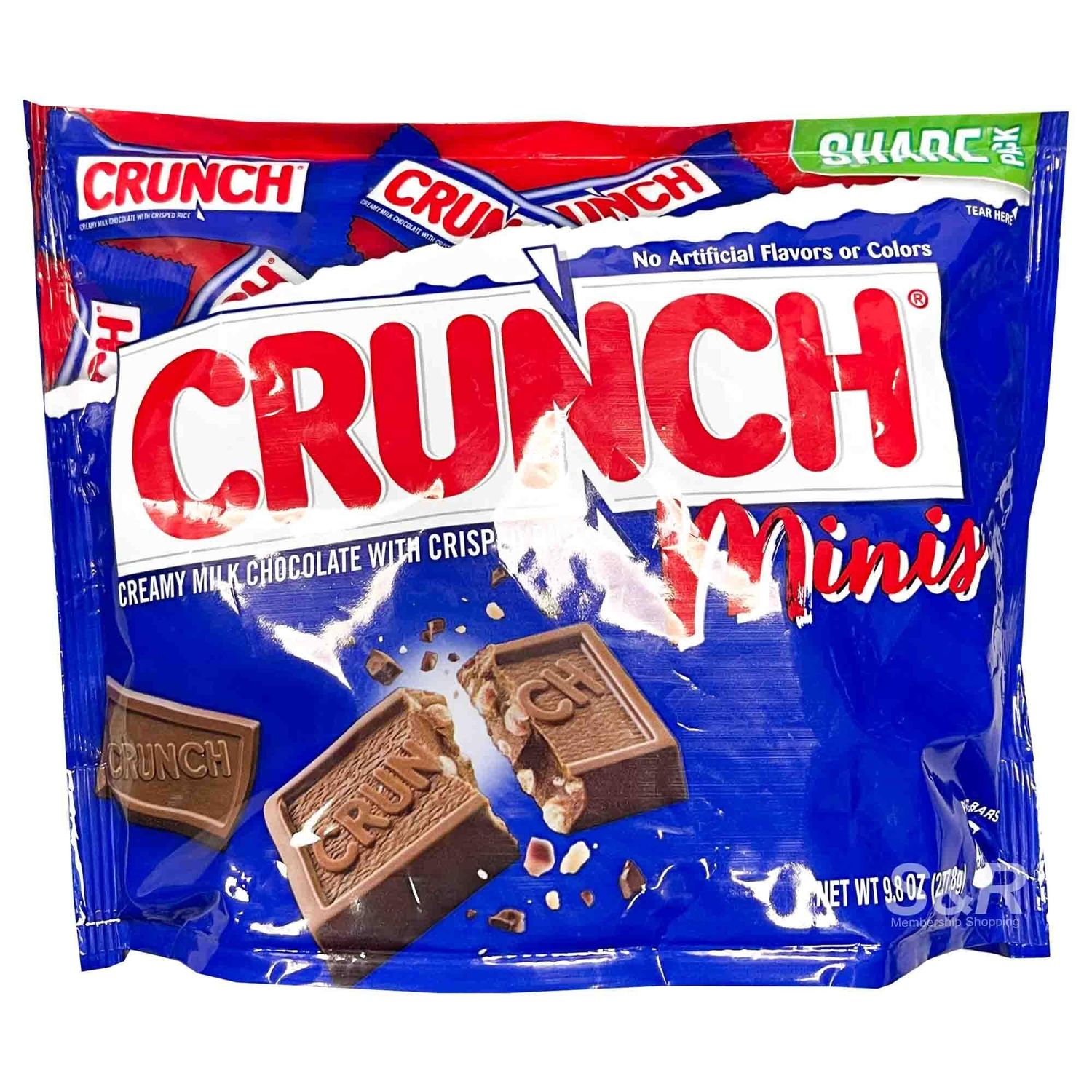 CRUNCH Minis, Bulk 8 Pack, Milk Chocolate and Crisped Rice, Full Size Holiday Candy Bars, Stocking Stuffers, Individually Wrapped, Resealable Share Size Bag, 9.8 oz