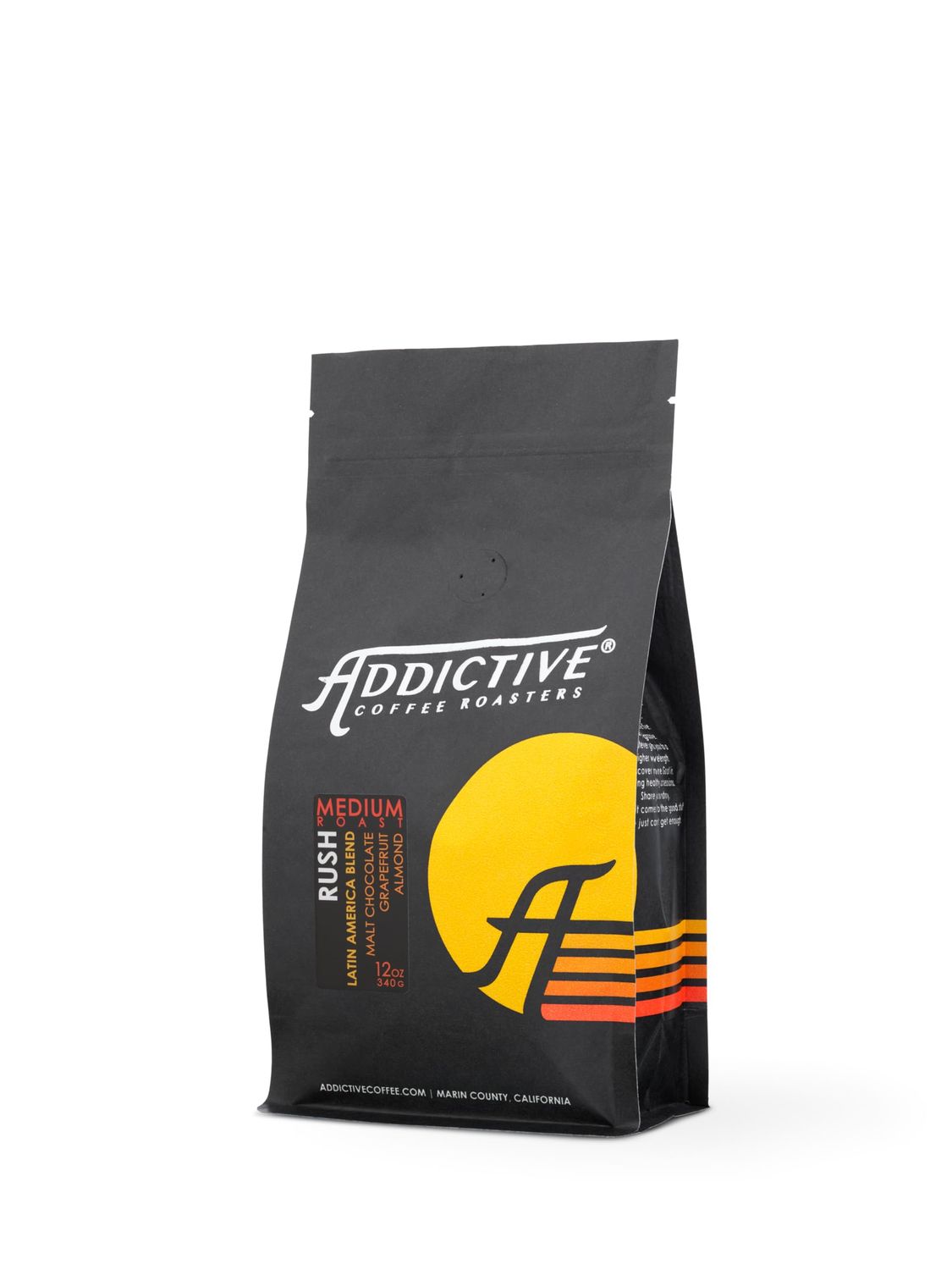 Addictive Coffee Roasters Rush Blend - Ground Coffee Medium Roast Latin America Blend With Hints of Almond, Grapefruit &amp; Malt Chocolate - 12 Ounce Bag of Medium Roast Ground Coffee
