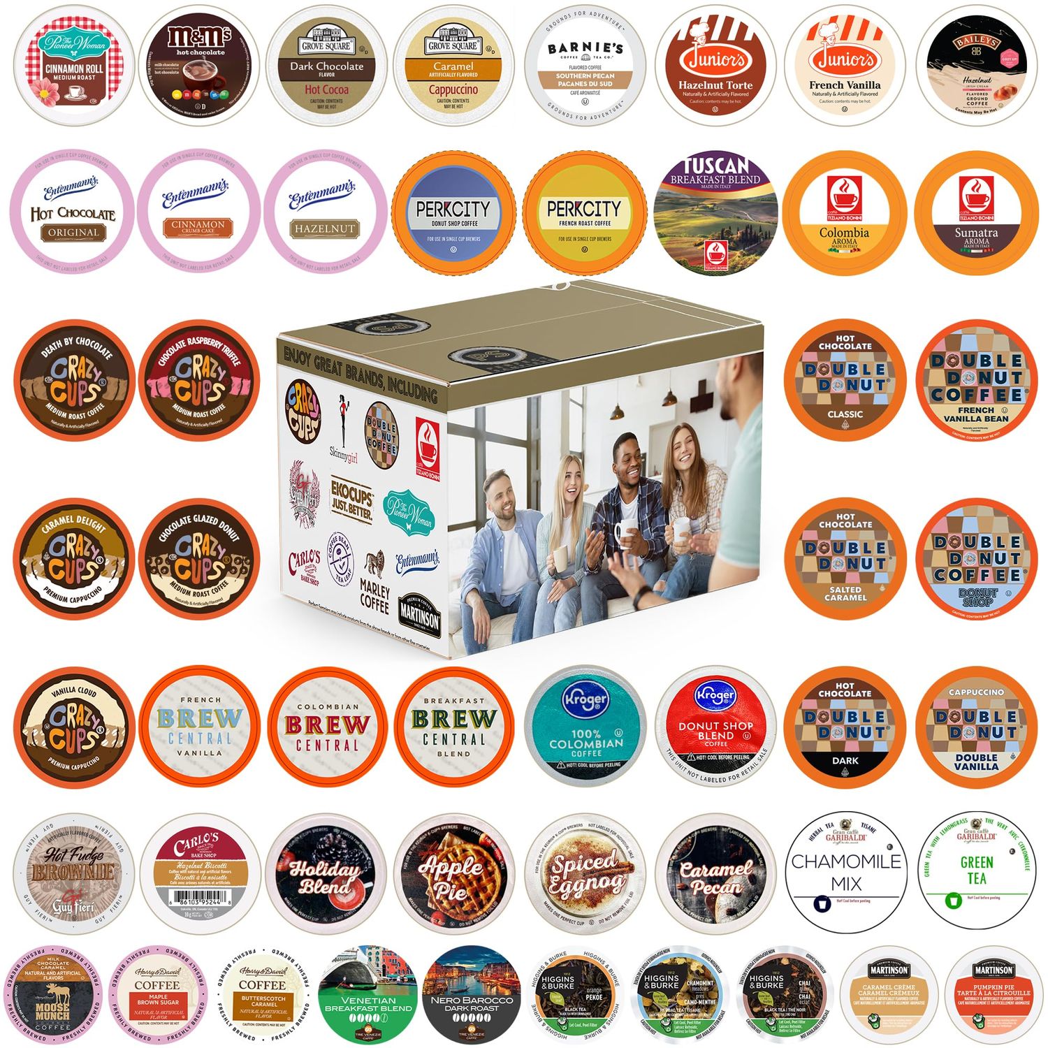 Perfect Samplers Tea Pods, Cider, Hot Chocolate, Cappuccino &amp; Coffee Pods Variety Pack, Single Serve Coffee &amp; K Pod Variety Pack for Keurig K Cups Brewers, Coffee Gift Set, 50 Count