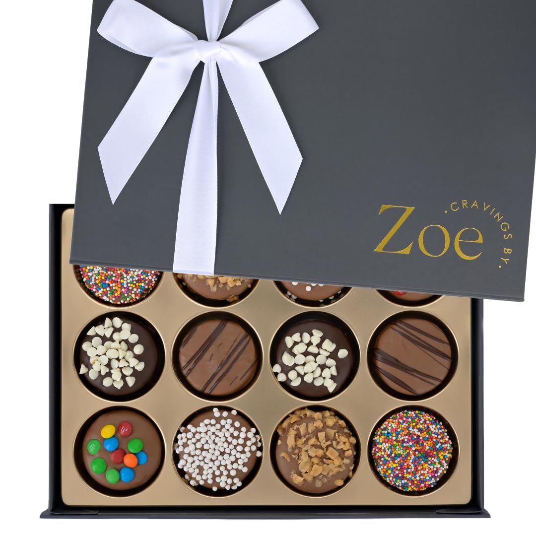 CRAVINGS BY ZOE Gourmet Chocolate Covered Cookies Gift Basket | 12 Piece | Kosher Milk &amp; Dark Belgian Chocolate Food Gift Box | Birthday, Christmas, Holiday, Thank You Gifting Men Women Mom Dad Family