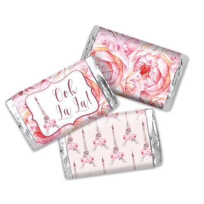 Ooh La La Watercolor Floral Paris Birthday Mini Chocolate Candy Bar Sticker Wrappers for Kids, 45 1.4 x 2.6 Wrap Around Labels by AmandaCreation, Great for Party Favors