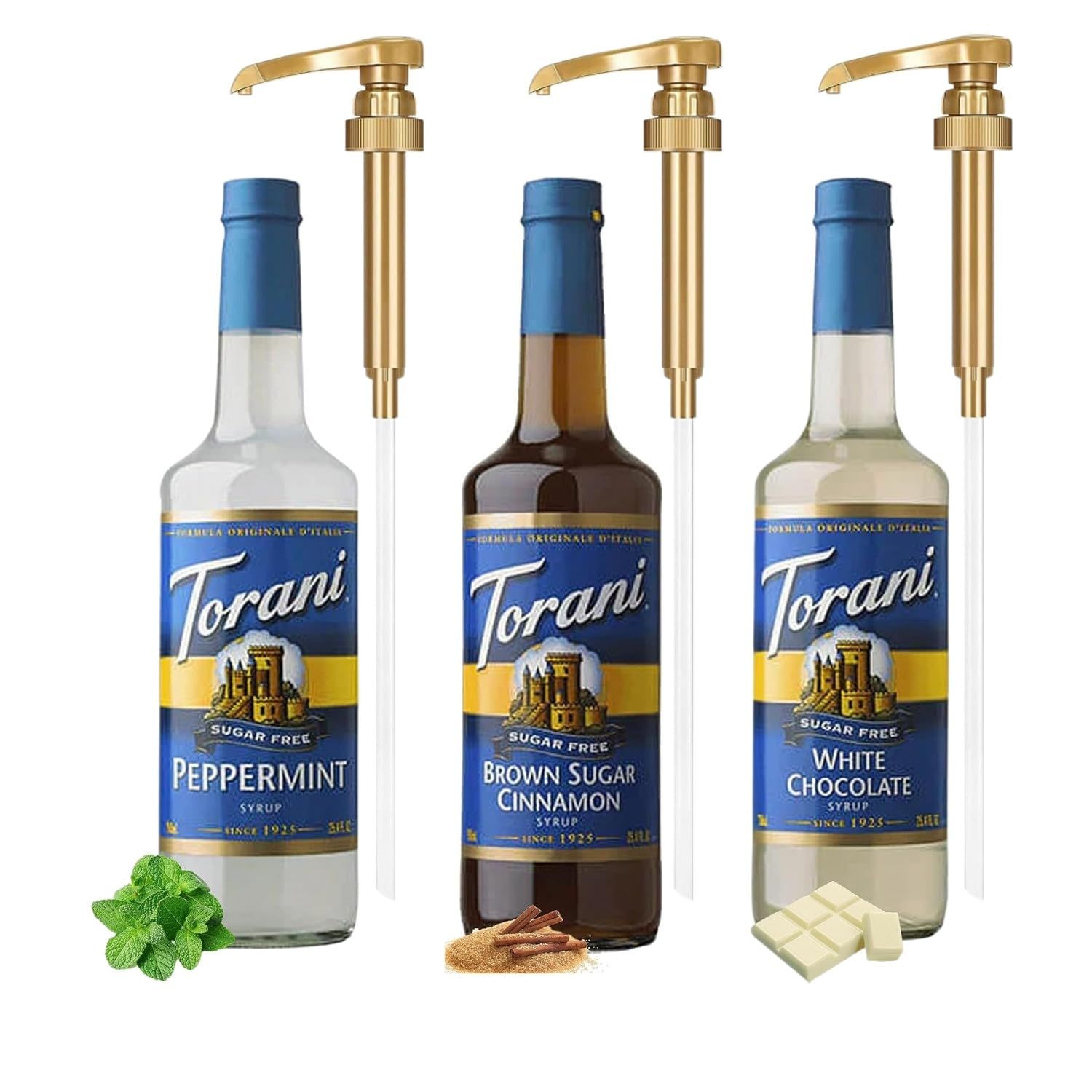 Sugar-Free Syrup Trio - SF Brown Sugar Cinnamon,Peppermint,&amp; White Chocolate - Coffee &amp; Italian Soda Flavoring for Drinks Three 25.4 Oz Bottles with 3 Jimoco Pumps