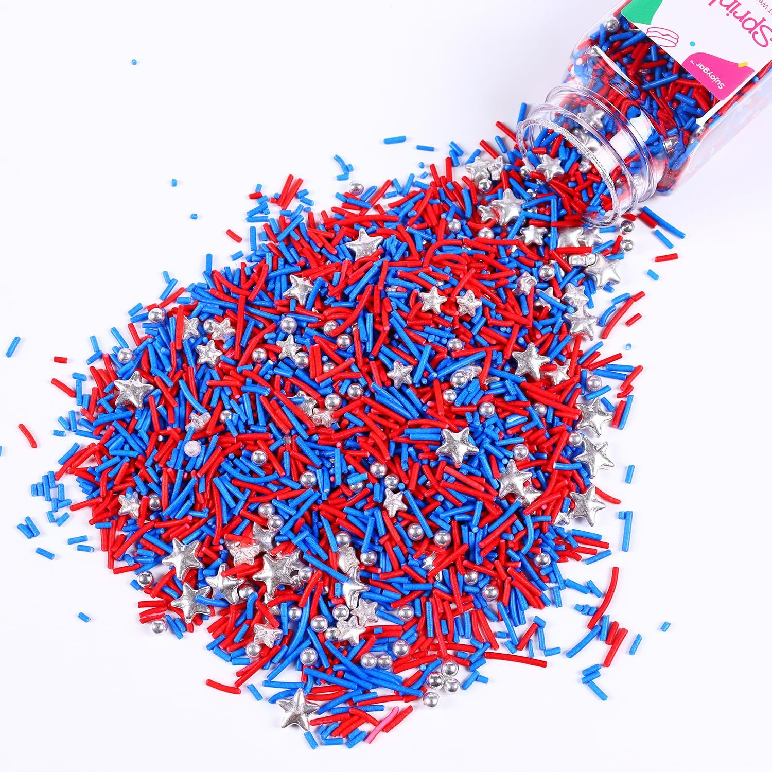 4th of July Sprinkles, Patriotic Sprinkles for Cupcakes, Metallic Sliver Star Red Blue Sprinkles for Cake Decorating Cupcakes Ice Cream Chocolates Baking Cookie Party, 3.52oz