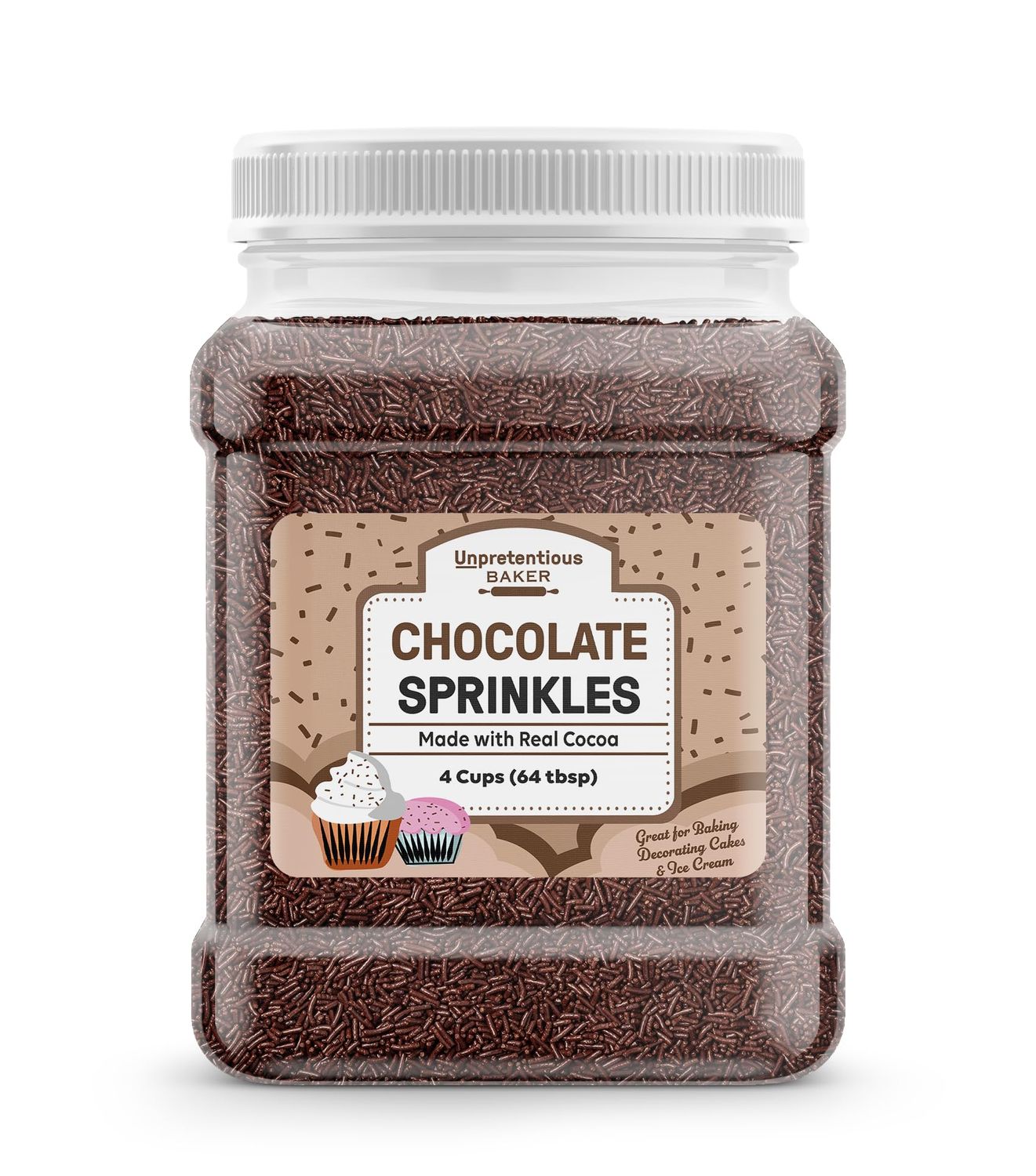 Unpretentious Chocolate Sprinkles, 4 Cups, Made with Real Cocoa, Decorative Dessert Topping