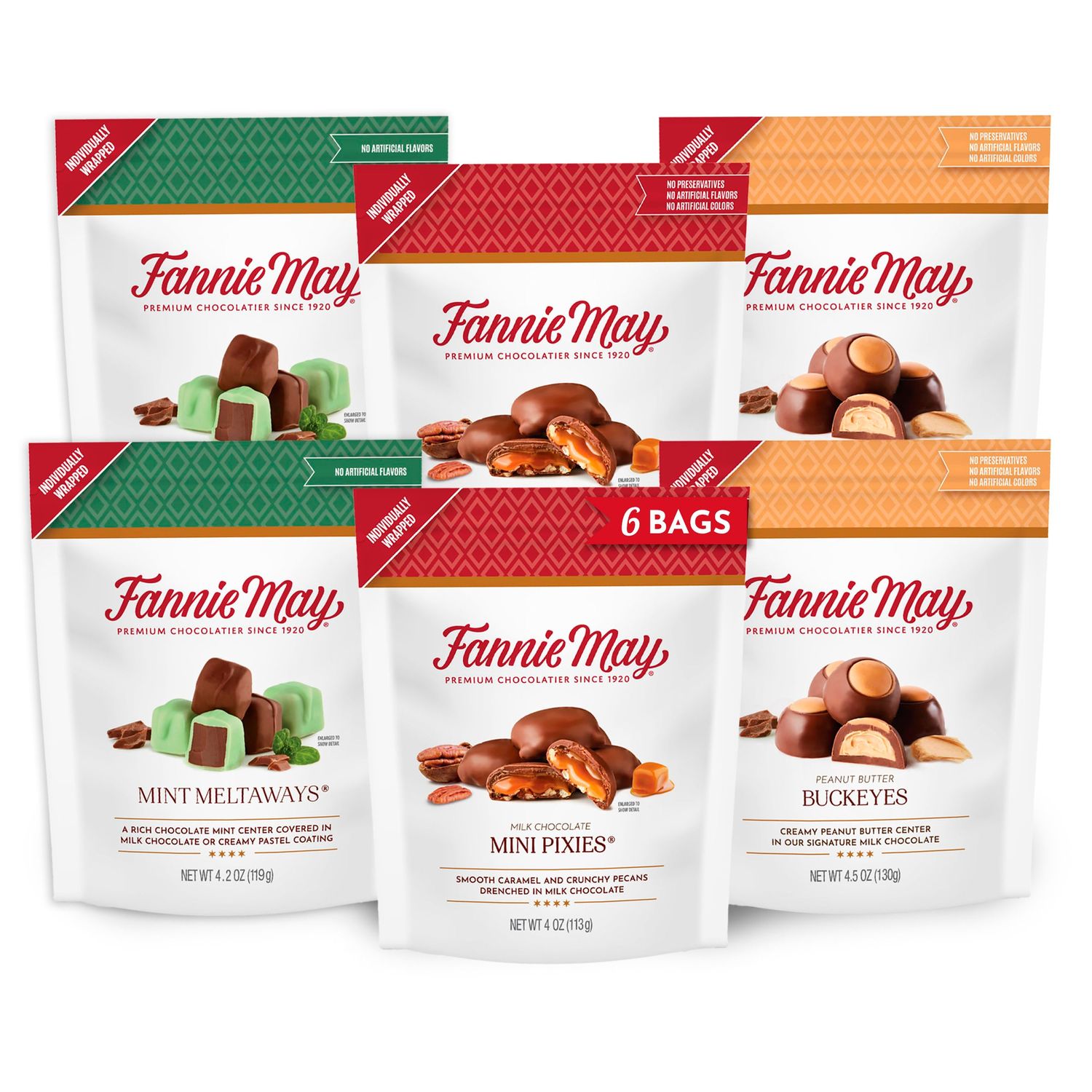 Fannie May, 6 Bags, Milk Chocolate Candy, Mini Pixies, Mint Meltaways, Peanut Butter Buckeyes Variety Pack, Gourmet Chocolate Holiday Gifts, 25.4 oz Total