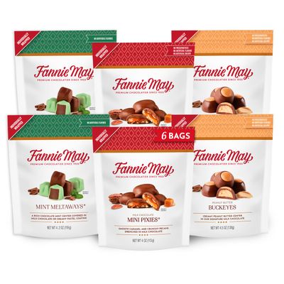 Fannie May, 6 Bags, Milk Chocolate Candy, Mini Pixies, Mint Meltaways, Peanut Butter Buckeyes Variety Pack, Gourmet Chocolate Holiday Gifts, 25.4 oz Total